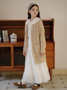 SHEIN Girls Plush Long Sweater Cardigan, Khaki V-Neck, Soft Thick Autumn/Winter Casual Outerwear - Khaki - View 3