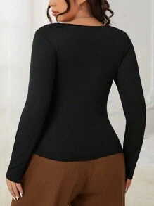 SHEIN EZwear T-shirt à mailles épaisses, doublé thermique, à coupe près du corps et à haute élasticité, pour femmes grandes tailles. Idéal pour l'automne/l'hiver
