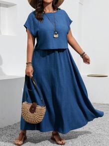 Linhara Plus Size Solid Color Crew Neck Batwing Sleeve Casual Top And Pocket Decoration Skirt 2pcs Set - Blue - View 1