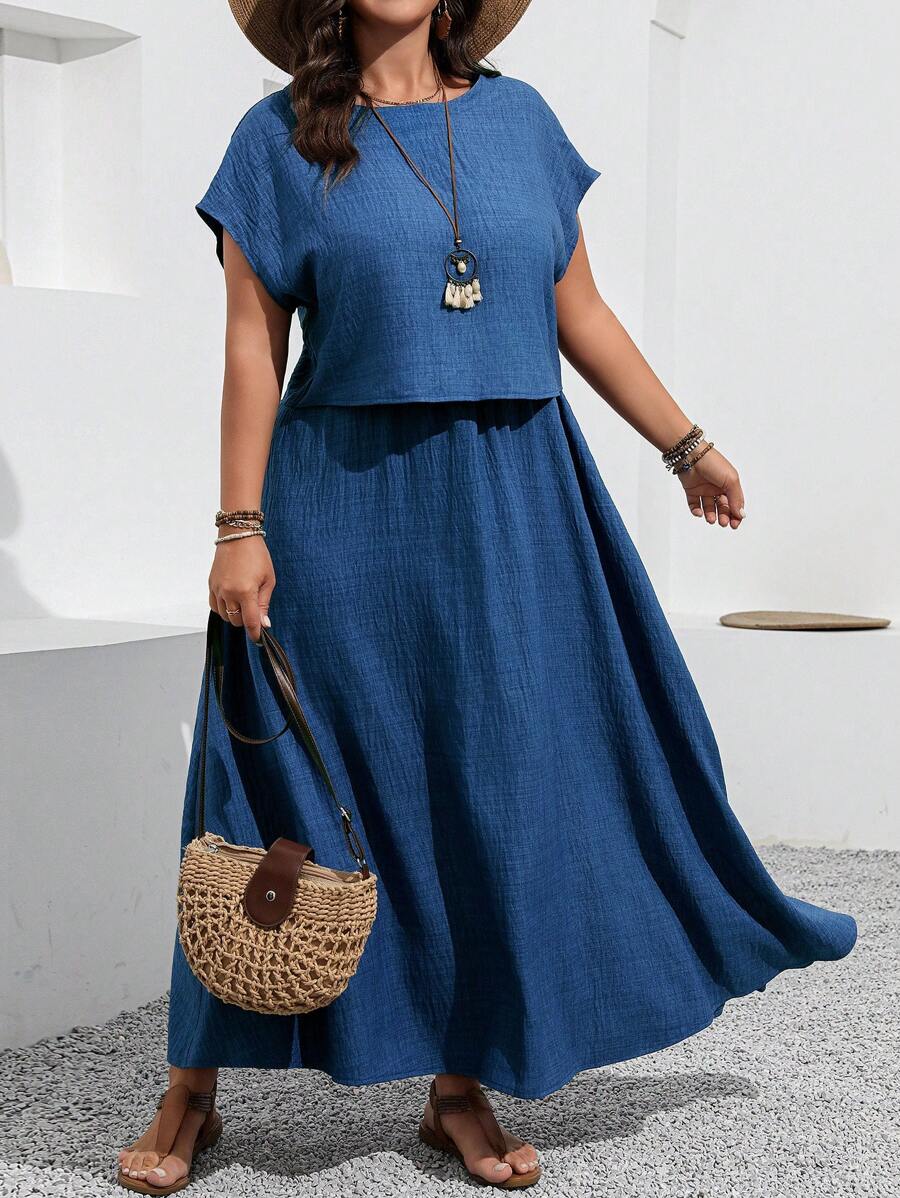 Linhara Plus Size Solid Color Crew Neck Batwing Sleeve Casual Top And Pocket Decoration Skirt 2pcs Set - Blue - View 1