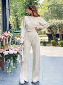 EURMUSE 2pcs Pearl Decorated Solid Color Sweater And Pants Set For Casual Wear In Spring & Autumn - Beige - View 8