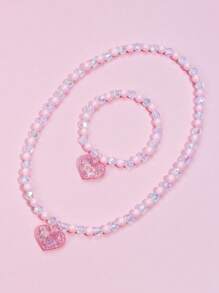 2pcs/Set Girls' Heart Pendant Beaded Necklace And Bracelet Jewelry Set, Suitable For Holiday Parties And Birthday Gifts