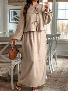 Calvaya 2pcs Plus Size Women Solid Color Tie-Up Long Sleeve Top & Skirt Set - Khaki - View 1