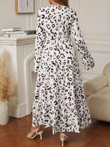 SHEIN Maternity Full Print V-Neck Ruffle Hem Long Sleeve Dress - Multicolor - View 2