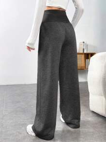 SHEIN EZwear Summer Outfit Letter Patched Wide Leg  Drawstring Waist Sweatpants - Dark Grey - View 2