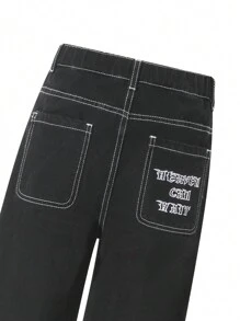 Jeans casuales rectos con pierna vintage desgarrada y bordada, ropa de calle Y2K para adolescentes