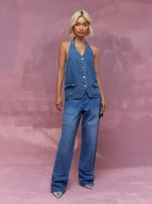 MISSGUIDED 纽扣挂脖式牛仔长款上衣 - 中等水洗藍 - 查看 5