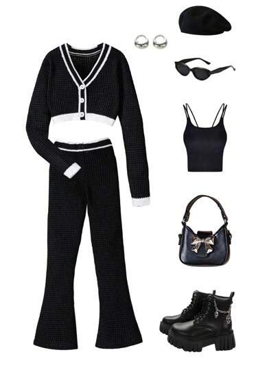 Tween Girls Comfortable Knit Button-Up Cardigan And Flared Pants Sweater Set For School, Parties, And Traveling