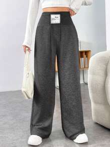 SHEIN EZwear Summer Outfit Letter Patched Wide Leg  Drawstring Waist Sweatpants - Dark Grey - View 6