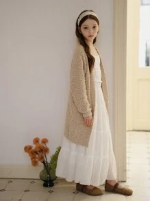 SHEIN Girls Plush Long Sweater Cardigan, Khaki V-Neck, Soft Thick Autumn/Winter Casual Outerwear - Khaki - View 8