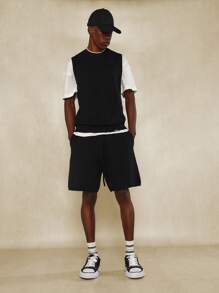 SUMWON Sleeveless Knit Vest Co-Ord Set Bermuda Shorts Street Style Premium Autumn Spring Fashion Two Piece Loungewear Urban Athletic Casual Comfort Set - Black - View 1