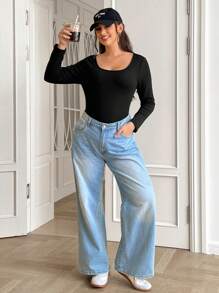 SHEIN EZwear T-shirt à mailles épaisses, doublé thermique, à coupe près du corps et à haute élasticité, pour femmes grandes tailles. Idéal pour l'automne/l'hiver