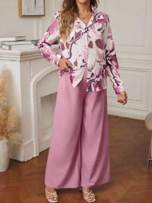 SHEIN 2pcs Maternity Floral Print Button-Up Long Sleeve Top And Loose High Waist Pants Set - Hot Pink - View 3