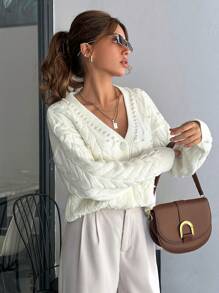 EURMUSE Knitwear Cable Pattern Cardigan With Pearl Placement - White - View 3