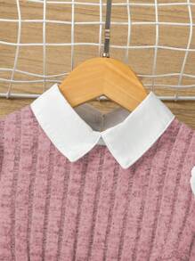 SHEIN Explorewe 2 piezas Conjunto informal para niña joven: Blusa de manga larga con cuello en contraste y bajo asimétrico, y pantalones de unicolor - Rosa - Ver 4
