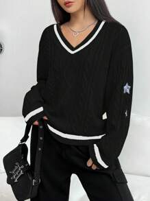 SHEIN EZwear 女士撞色 V 领长袖毛衣 - 黑色 - 查看 3