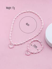 2pcs/Set Girls' Heart Pendant Beaded Necklace And Bracelet Jewelry Set, Suitable For Holiday Parties And Birthday Gifts