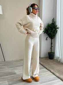 EURMUSE Women High Neck Sweater And Sweater Pant Two Piece Set Outfit Co-Ords - Beige - View 4
