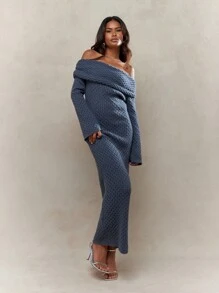 MISSGUIDED 纹理针织褶皱露肩长袖紧身长款毛衣连衣裙冬季服装 - 灰色 - 查看 4