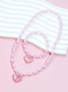 2pcs/Set Girls' Heart Pendant Beaded Necklace And Bracelet Jewelry Set, Suitable For Holiday Parties And Birthday Gifts