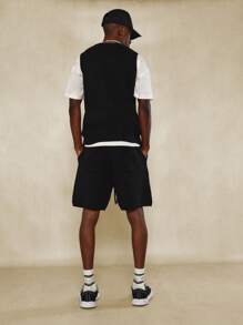 SUMWON Sleeveless Knit Vest Co-Ord Set Bermuda Shorts Street Style Premium Autumn Spring Fashion Two Piece Loungewear Urban Athletic Casual Comfort Set - Black - View 2