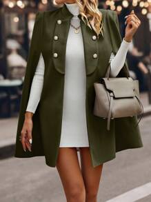 SHEIN Clasi Abrigo largo de unicolor con manga tipo capa y doble botonadura - Verde militar - Ver 5