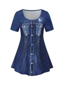 SHEIN PETITE CURVE 2 件大码全印花圆领短袖上衣和紧身裤休闲套装 - 藍色 - 查看 3