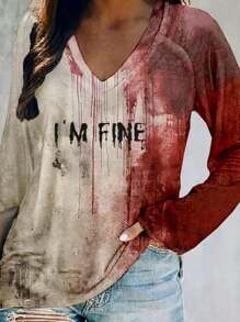 Fashionable Bloody Grunge English Print V-Neck Long Sleeve T-Shirt, Casual Chic Women Clothing