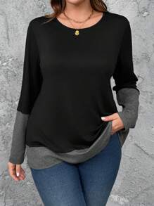 Áo thun dài tay cổ tròn phối màu trơn cỡ lớn, kiểu dáng thường ngày, thích hợp cho nữ mùa xuân thu. - Nhiều màu - Xem 5