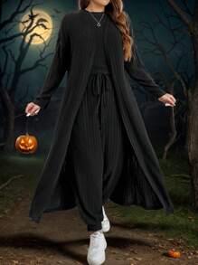 SHEIN LUNE Bộ 3 món/Bộ áo khoác cardigan dài tay màu trơn cỡ lớn dành cho nữ mùa thu đông, áo ba lỗ cổ tròn và quần buộc eo, trang phục thường ngày Halloween, đồ Halloween, bộ quần áo nữ, bộ đồ hai mảnh màu đen, trang phục sân bay cho nữ, trang phục du lịch sân bay - màu đen - Xem 1