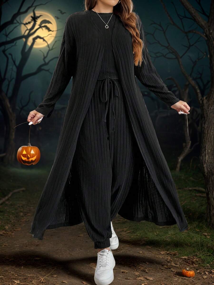 SHEIN LUNE Bộ 3 món/Bộ áo khoác cardigan dài tay màu trơn cỡ lớn dành cho nữ mùa thu đông, áo ba lỗ cổ tròn và quần buộc eo, trang phục thường ngày Halloween, đồ Halloween, bộ quần áo nữ, bộ đồ hai mảnh màu đen, trang phục sân bay cho nữ, trang phục du lịch sân bay - màu đen - Xem 1
