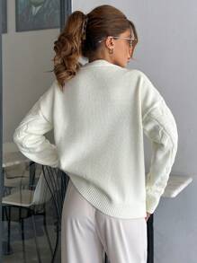 EURMUSE Knitwear Cable Pattern Cardigan With Pearl Placement - White - View 7