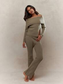 MISSGUIDED 罗纹针织吊带开衩下摆长袖露肩上衣和喇叭下摆长裤两件套冬季服装 - 棕色 - 查看 5