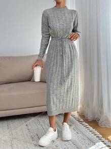 EURMUSE Tall Tall Size Women Solid Color Knitwear Maxi Dress With Cord Detail On Waist,Petite - Light Grey - View 1