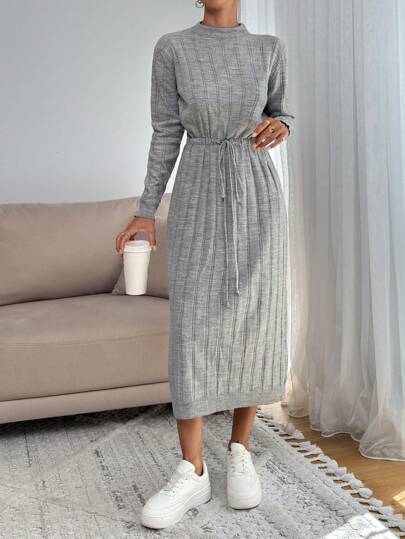EURMUSE Plus Size Women Solid Color Knitwear Maxi Dress With Cord Detail On Waist