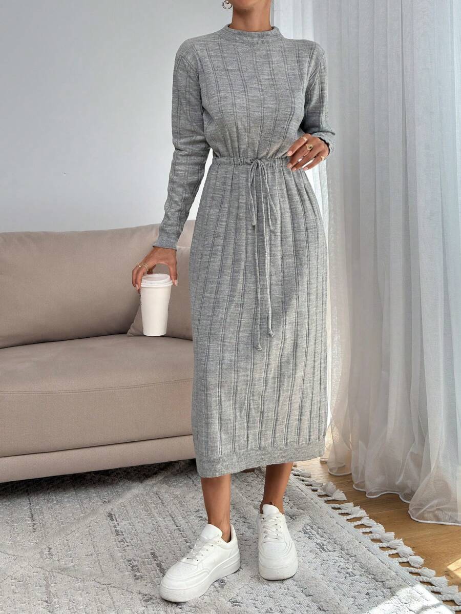 EURMUSE Tall Tall Size Women Solid Color Knitwear Maxi Dress With Cord Detail On Waist,Petite - Light Grey - View 1