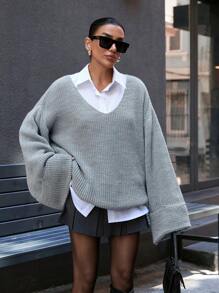 EURMUSE Casual Oversize Deep V Neck Double Flare Sleeve Sweater - Grey - View 6