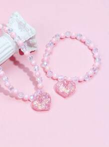 2pcs/Set Girls' Heart Pendant Beaded Necklace And Bracelet Jewelry Set, Suitable For Holiday Parties And Birthday Gifts