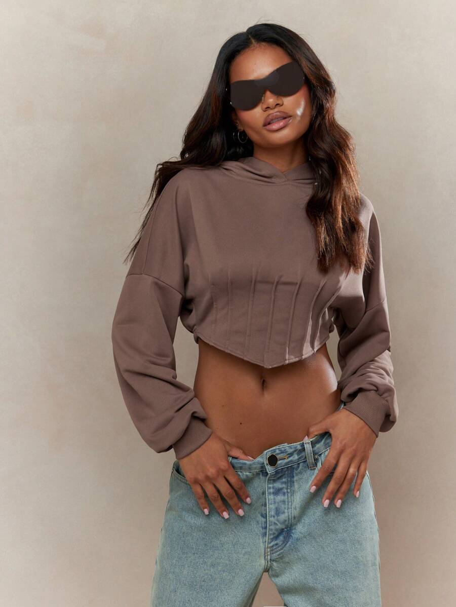 MISSGUIDED Corset Detailed Waist Crop Hoodie - Brown - View 1