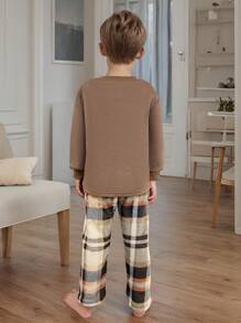 2pcs Young Boys' Brown Simple Winter New Embroidered Graphic Long Sleeve Top And Plaid Striped Pants Homewear Set
