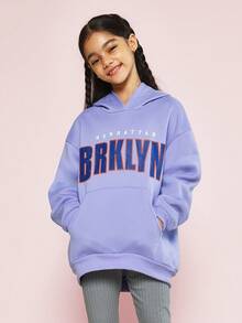 SUMWON Bộ 2 món áo hoodie Kangaroo cỡ lớn cho bé gái tuổi teen có in họa tiết BRKLYN và quần legging kẻ sọc - Màu tím - Xem 3