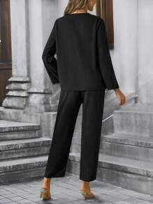 SHEIN 2pcs Maternity Casual Solid Color Long Sleeve Top And Pants Set, Spring & Summer - Black - View 2
