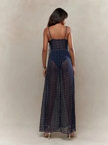 MISSGUIDED Sheer Polka Dot Buttoned Front Cami Maxi Dress - Navy Blue - View 2