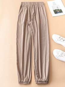 Pantalones casuales simples de talla grande de unicolor con bolsillo y amarre delantero - Camel - Ver 2