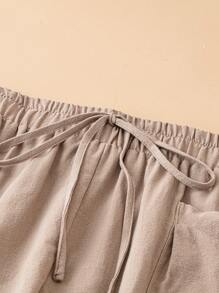Pantalones casuales simples de talla grande de unicolor con bolsillo y amarre delantero - Camel - Ver 3