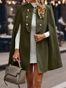 SHEIN Clasi Abrigo largo de unicolor con manga tipo capa y doble botonadura - Verde militar - Ver 4