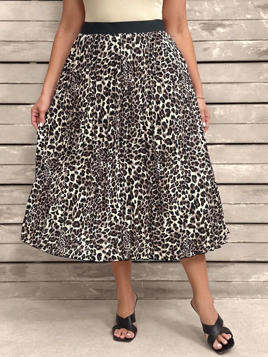 Plus Size Leopard Print Patchwork Casual Skirt, Holiday - Multicolor - View 1