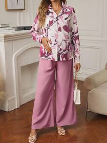 SHEIN 2pcs Maternity Floral Print Button-Up Long Sleeve Top And Loose High Waist Pants Set - Hot Pink - View 4