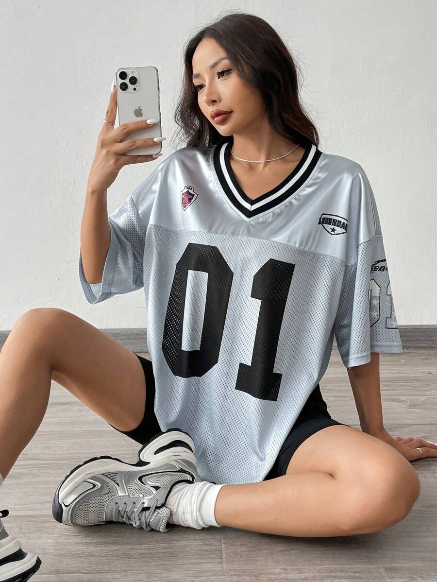 SHEIN EZwear Casual Sports Color-Block Loose Short Sleeve T-Shirt With Digital Print And Drop Shoulders - Grey - View 1