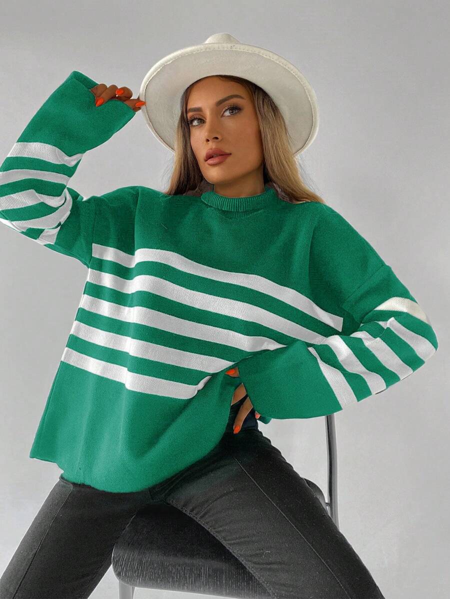 EURMUSE Striped Pattern Mock Neck Drop Shoulder Jumper - Green - View 1